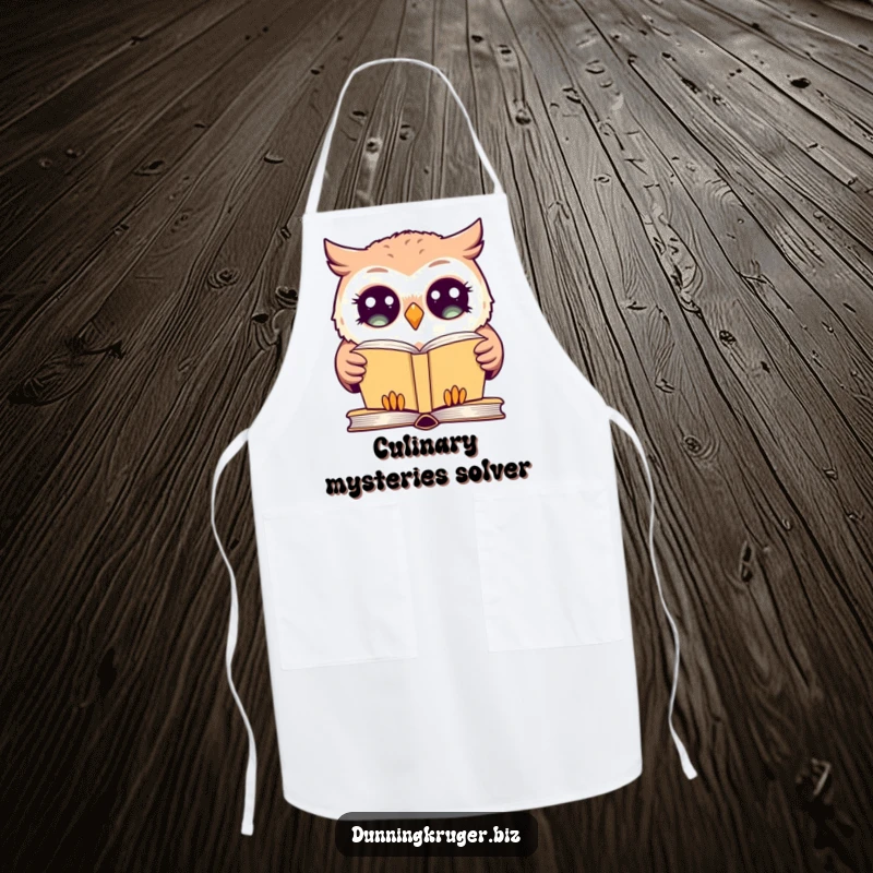 Funny apron showing a giggling owl with wide eyes, blankly staring at a simple book, bringing a humorous touch to cooking.