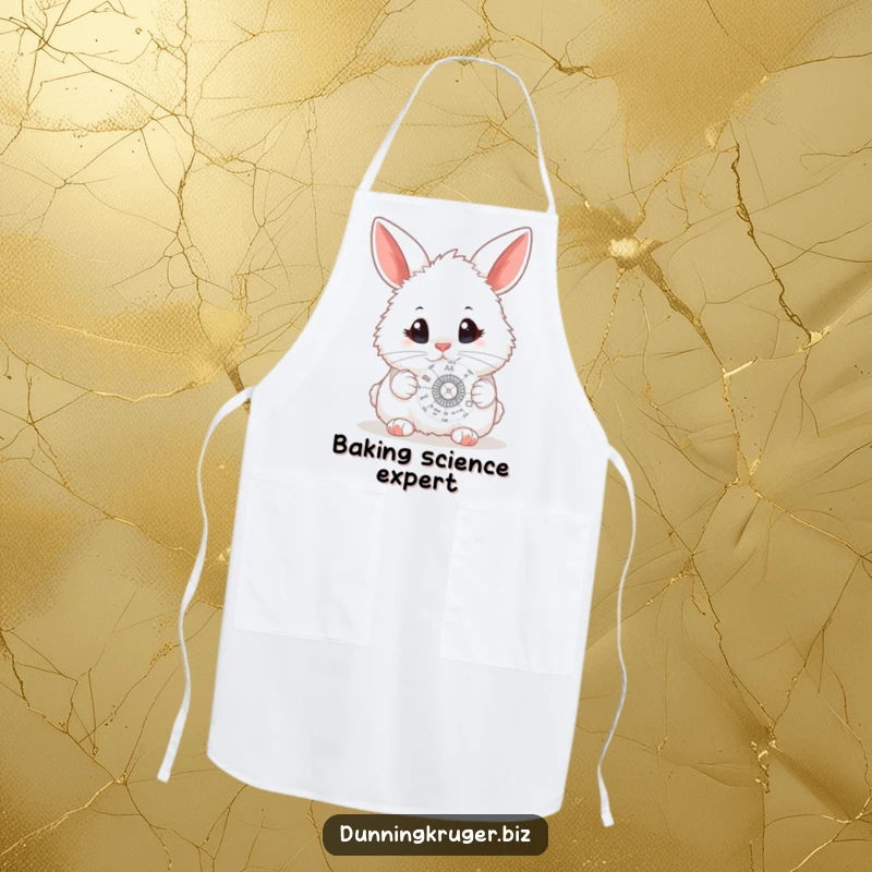 Funny apron featuring a fluffy white bunny with large, curious eyes, examining a miniature scientific diagram, perfect for kitchen experiments.