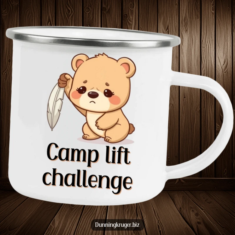 Funny camping mug with a determined bear cub, furrowed brow, hilariously struggling to lift a feather, ready for outdoor challenges.