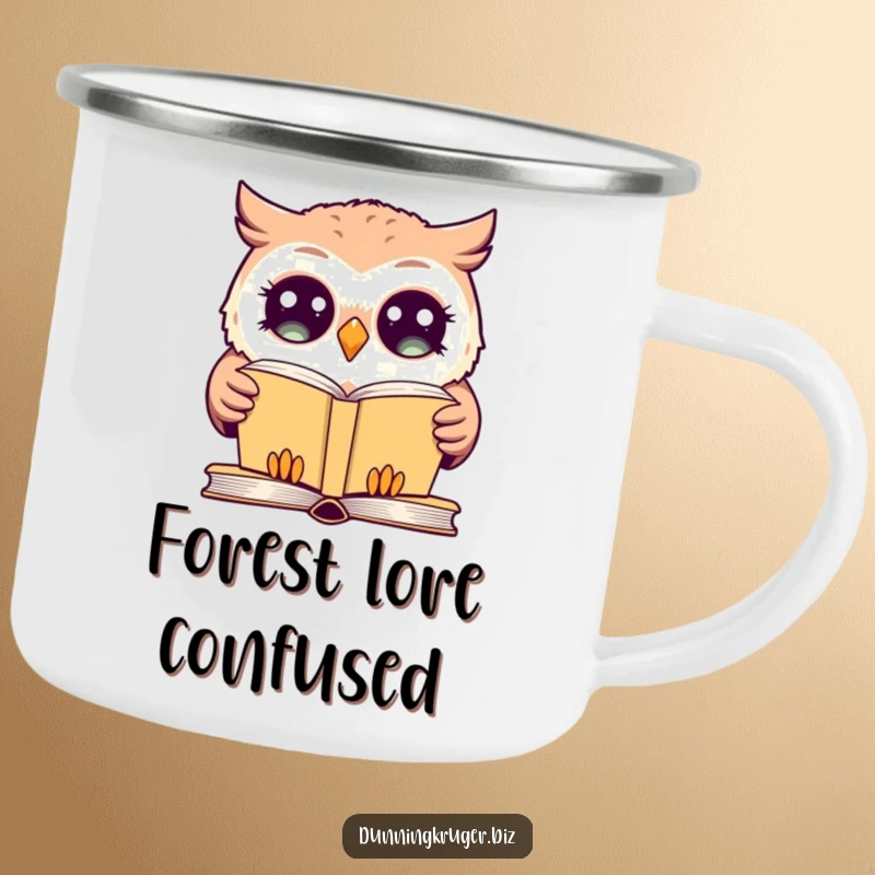 Funny camping mug with a giggling owl, exaggeratedly wide eyes, blankly staring at a simple book, ready for outdoor reading adventures.