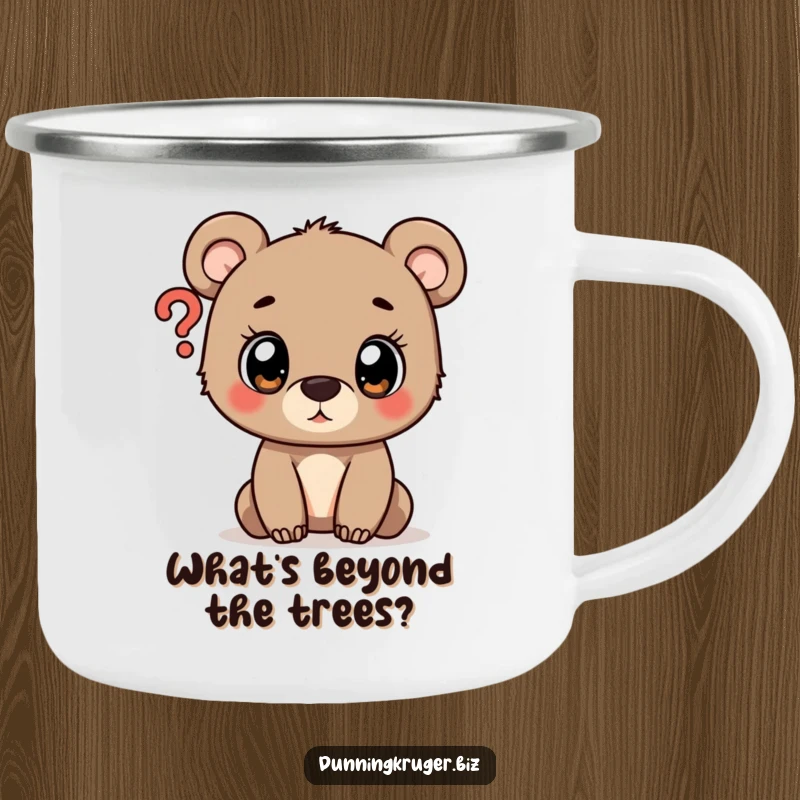 Funny enamel camping mug featuring a curious bear cub with wide eyes looking at a question mark, for outdoor adventures.