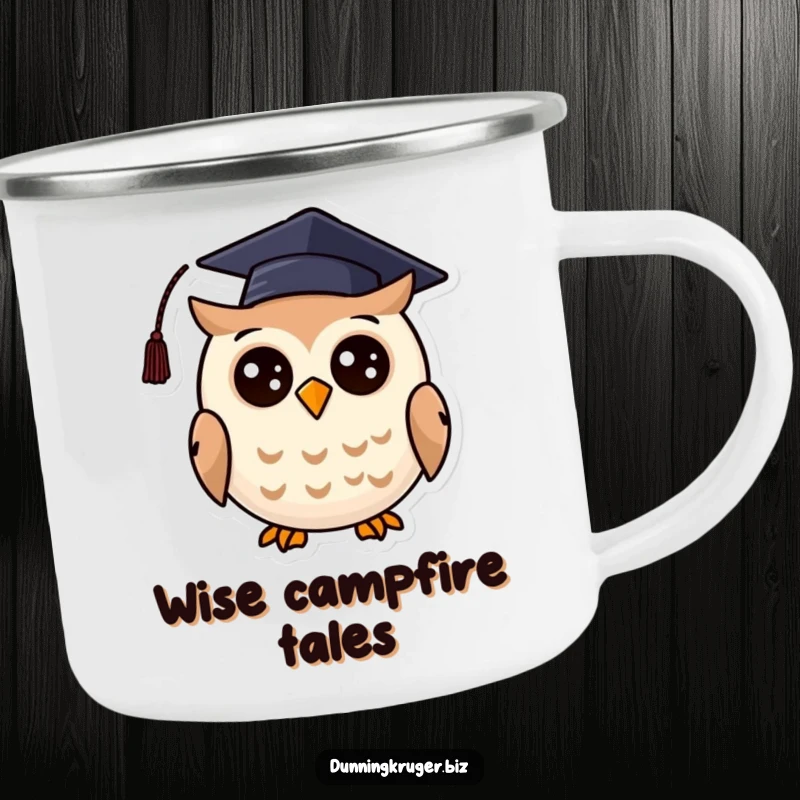Funny camping mug featuring a cheerful, round owl wearing a crooked graduation cap, ready to accompany any wise traveler.