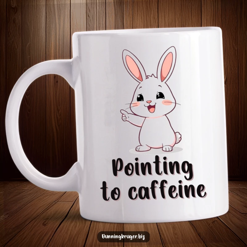 Funny mug featuring a happy rabbit with long ears, pointing confidently at an empty space, sparking curiosity and amusement.