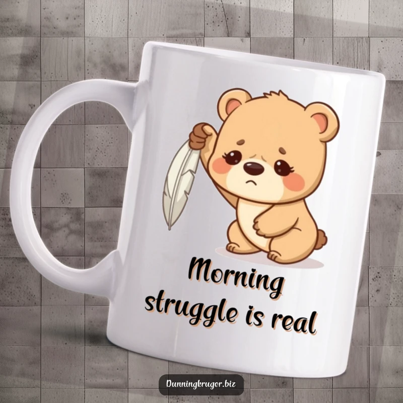 Funny mug with a determined bear cub, furrowed brow, struggling to lift a single feather, showcasing humorous effort and tenacity.