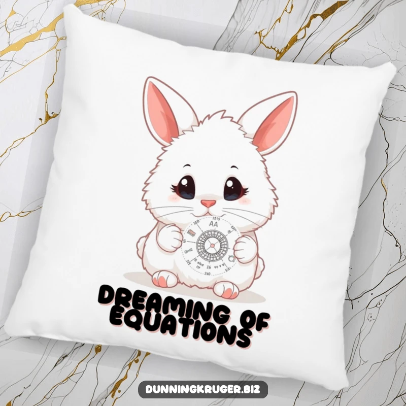 Funny pillow with a fluffy white bunny, big curious eyes focused on a tiny scientific diagram, offering comfort and intellectual inspiration.