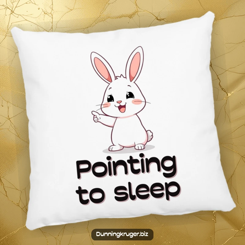 Funny decorative pillow featuring a happy rabbit with long ears pointing at an empty space, perfect for adding whimsical humor.