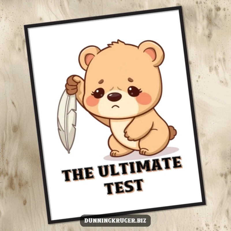 Funny digital art print of a determined bear cub with a furrowed brow, hilariously struggling to lift a feather, ready for printing.