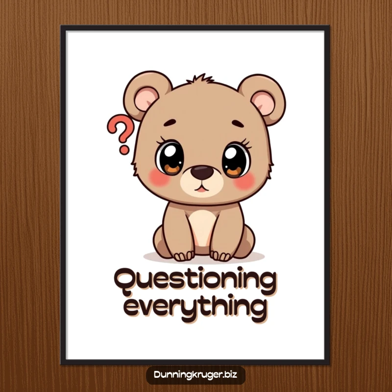 Funny digital art print of a cute bear cub with wide eyes, intensely looking at a question mark symbol.