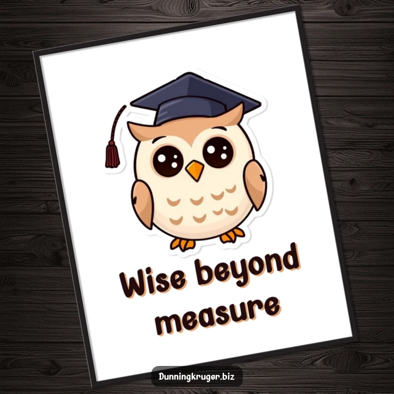 Funny digital art print of a cheerful, round owl wearing a crooked graduation cap, symbolizing wisdom and academic achievement.