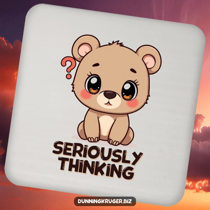 Funny drink coaster featuring a curious bear cub and a question mark, protecting surfaces with whimsical charm.