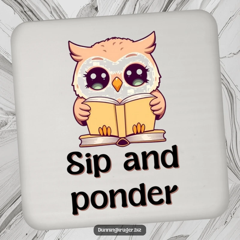 Funny drink coaster showing a giggling owl with wide eyes, blankly staring at a simple book, adding a humorous touch to tables.