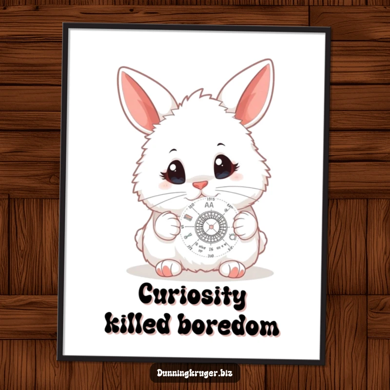 Funny poster of a fluffy white bunny with wide, curious eyes, meticulously studying a small, complex scientific diagram, inspiring intellect.