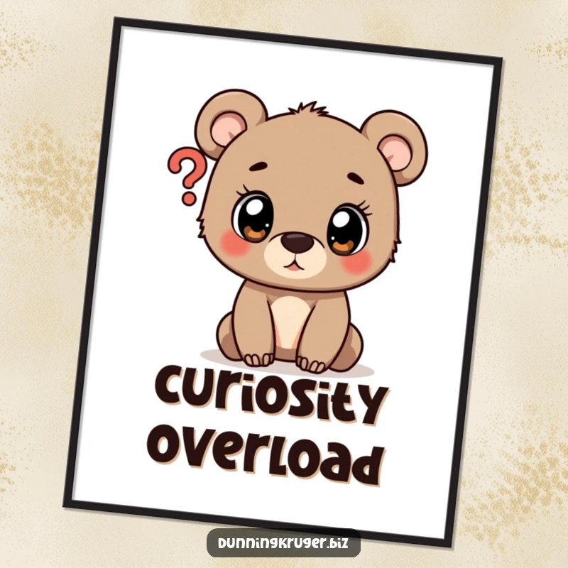 Funny wall art poster featuring a cute bear cub focusing intently on a large question mark, evoking curiosity.