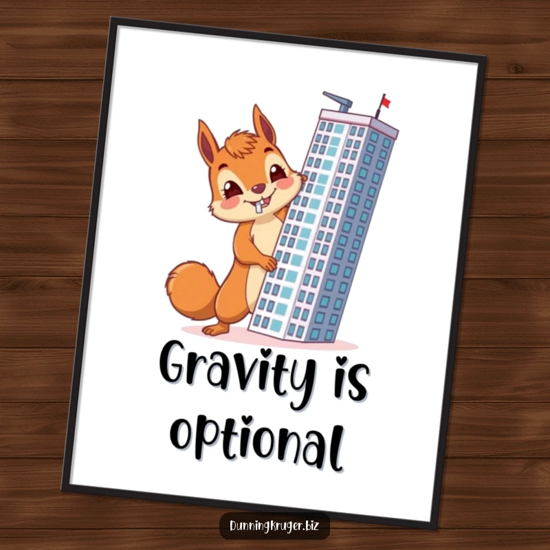 Funny poster of a cheerful squirrel with a determined expression, accidentally building a skyscraper horizontally, celebrating unconventional architecture.