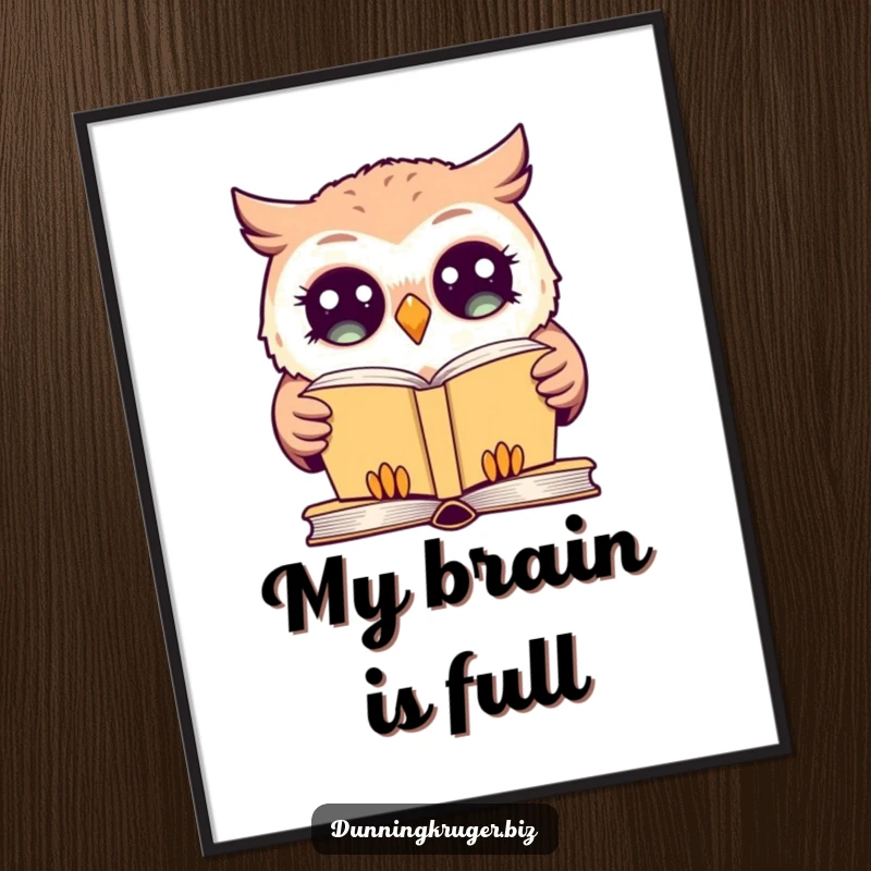 Funny poster of a giggling owl with exaggeratedly wide eyes, blankly staring at a simple book, bringing whimsical confusion to any room.