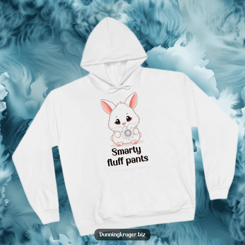 Funny hoodie depicting a fluffy white bunny with large, curious eyes, intently examining a miniature scientific diagram, radiating academic charm.