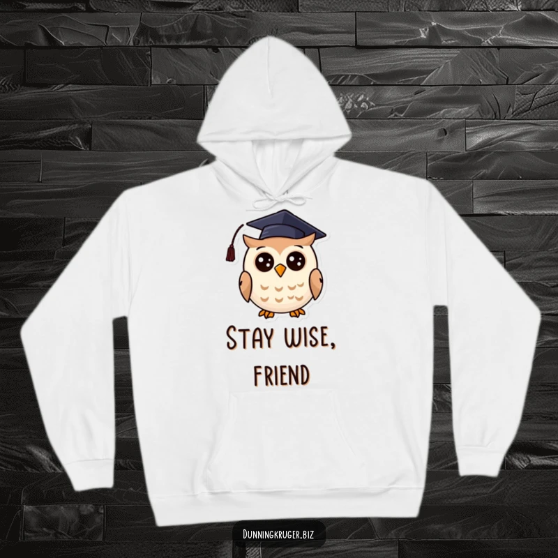 Funny hoodie featuring a cheerful, round owl wearing a slightly tilted graduation cap, exuding scholarly charm and humor.