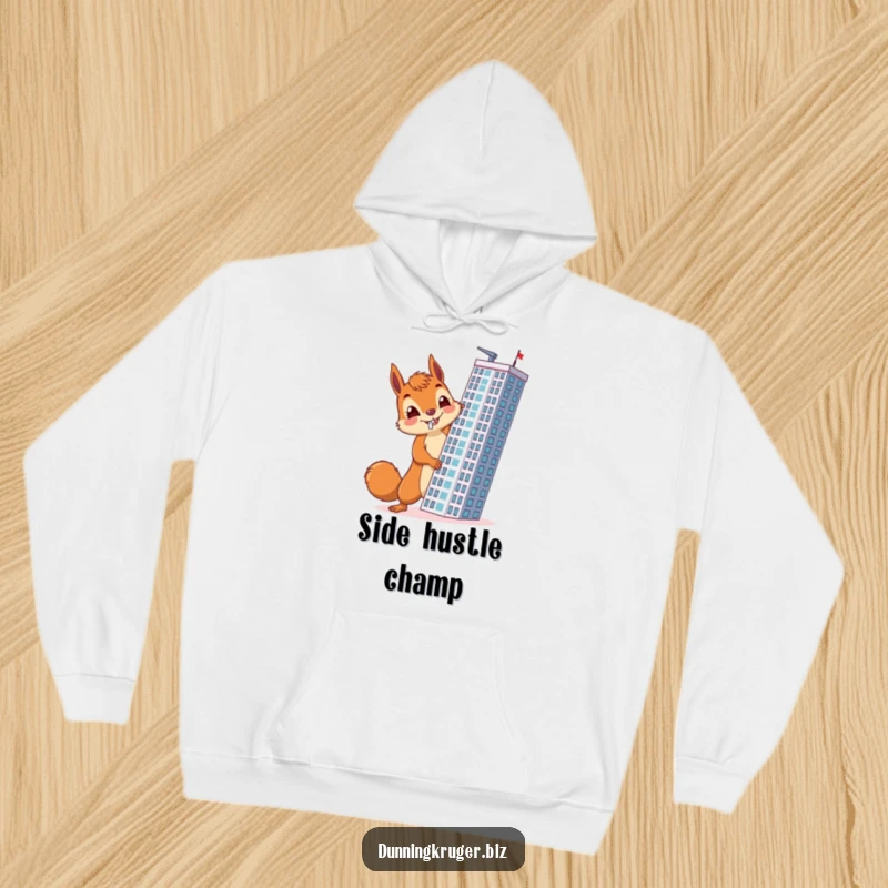 Funny hoodie depicting a cheerful squirrel with a determined expression, accidentally building a skyscraper horizontally, embodying unconventional engineering.