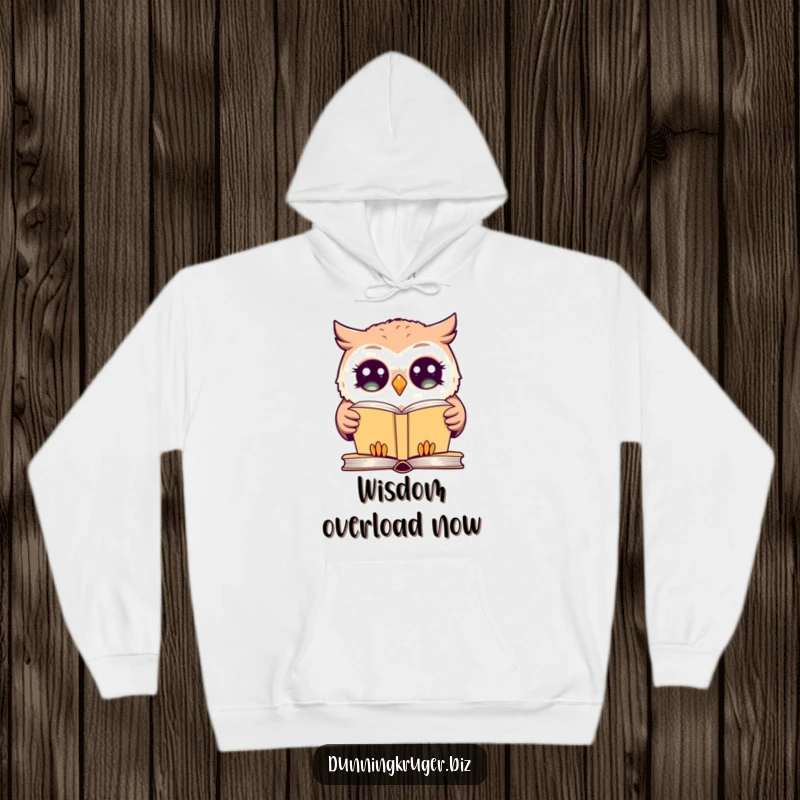 Funny hoodie depicting a giggling owl with exaggeratedly wide eyes, blankly staring at a simple book, radiating cozy bewilderment.