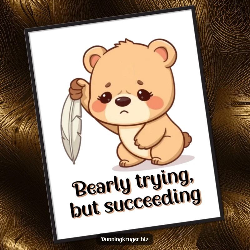 Funny Free Printable Wall Art: A determined bear cub with a furrowed brow strains with great effort to lift a single, light feather.