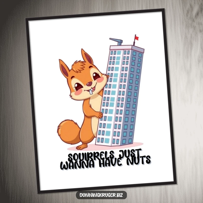 Funny Free Printable Wall Art: A cheerful squirrel with a determined look accidentally builds a skyscraper horizontally, a comical architectural marvel.