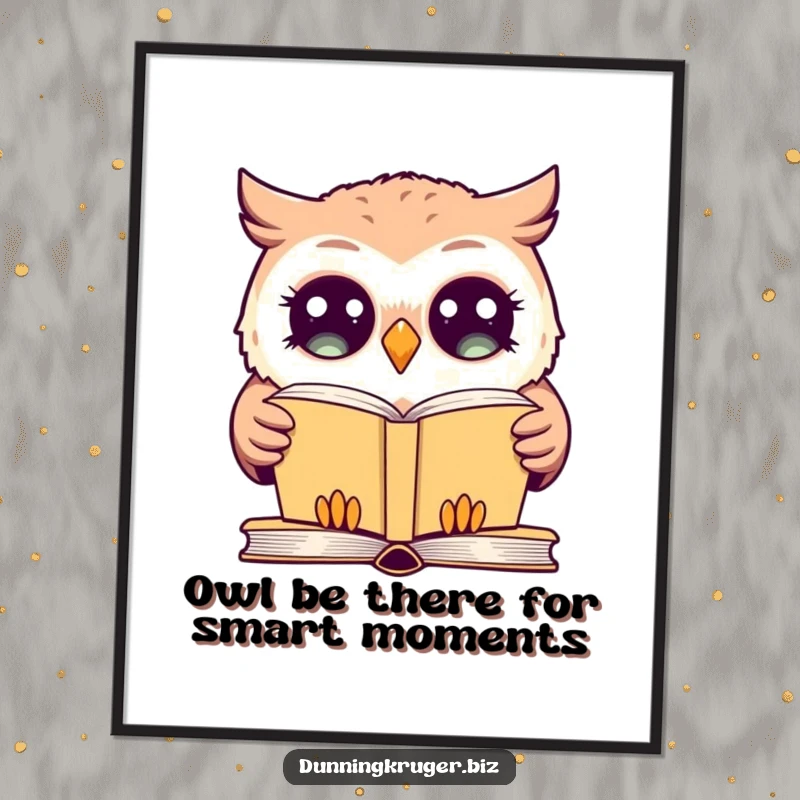 Funny Free Printable Wall Art: A giggling owl with exaggeratedly wide eyes stares blankly at a simple, open book, a comical scene.