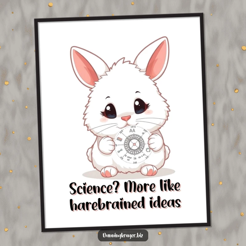Funny Free Printable Wall Art: A fluffy white bunny with enormous curious eyes intently studying a miniature, complex scientific diagram.