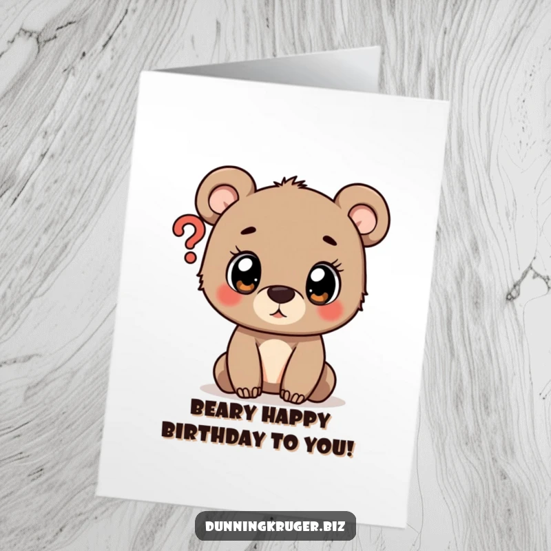Funny Free Printable Birthday Card: Curious bear cub with wide eyes peeking into a question mark, ready for a birthday surprise.