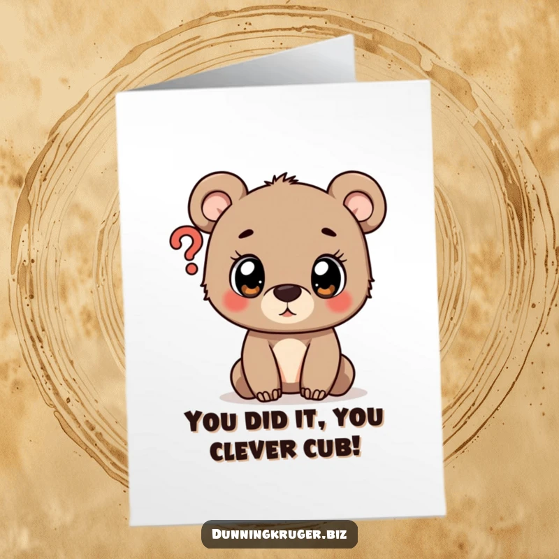 Funny Free Printable Congratulations Card: A curious bear cub with wide eyes looking into a giant question mark, celebrating success.