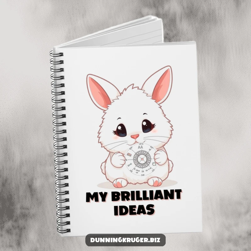 Funny notebook cover with a fluffy white bunny, big curious eyes focused on a tiny scientific diagram, inspiring scientific notes.