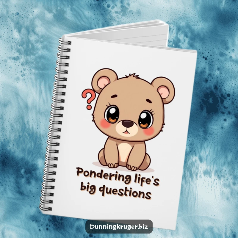 Funny notebook with a curious bear cub peeking at a question mark, perfect for writing notes and ideas.