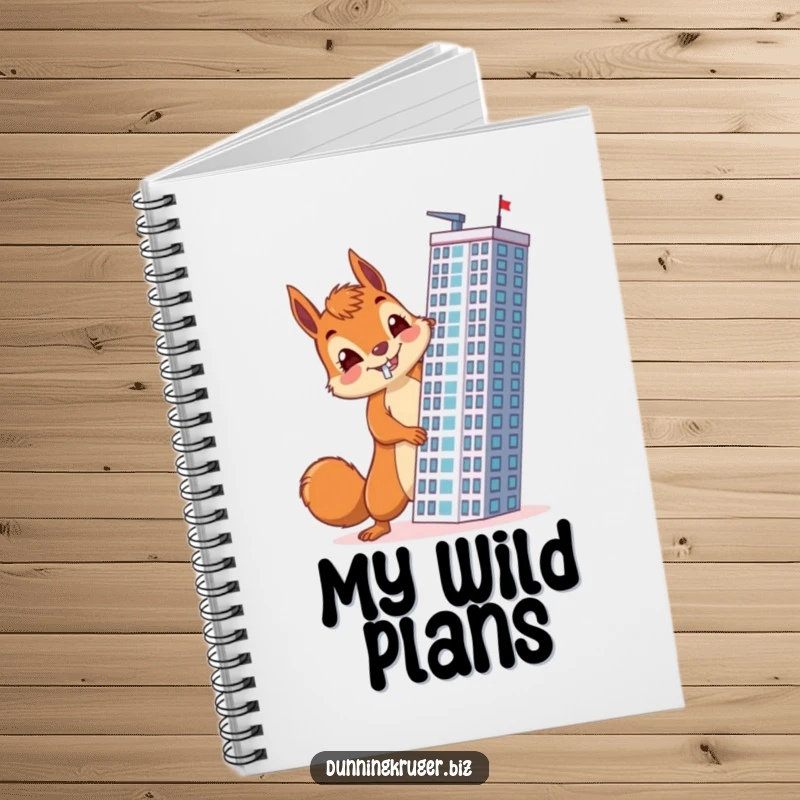 Funny notebook cover with a cheerful squirrel, determined expression, accidentally building a skyscraper horizontally, inspiring architectural designs.