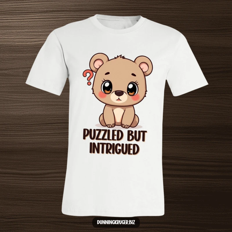 Funny graphic tee featuring a cute bear cub with wide, innocent eyes looking into a big question mark, symbolizing curiosity.