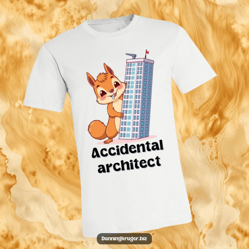 Funny t-shirt showing a cheerful squirrel with a determined look, accidentally constructing a skyscraper horizontally, a symbol of unique ambition.
