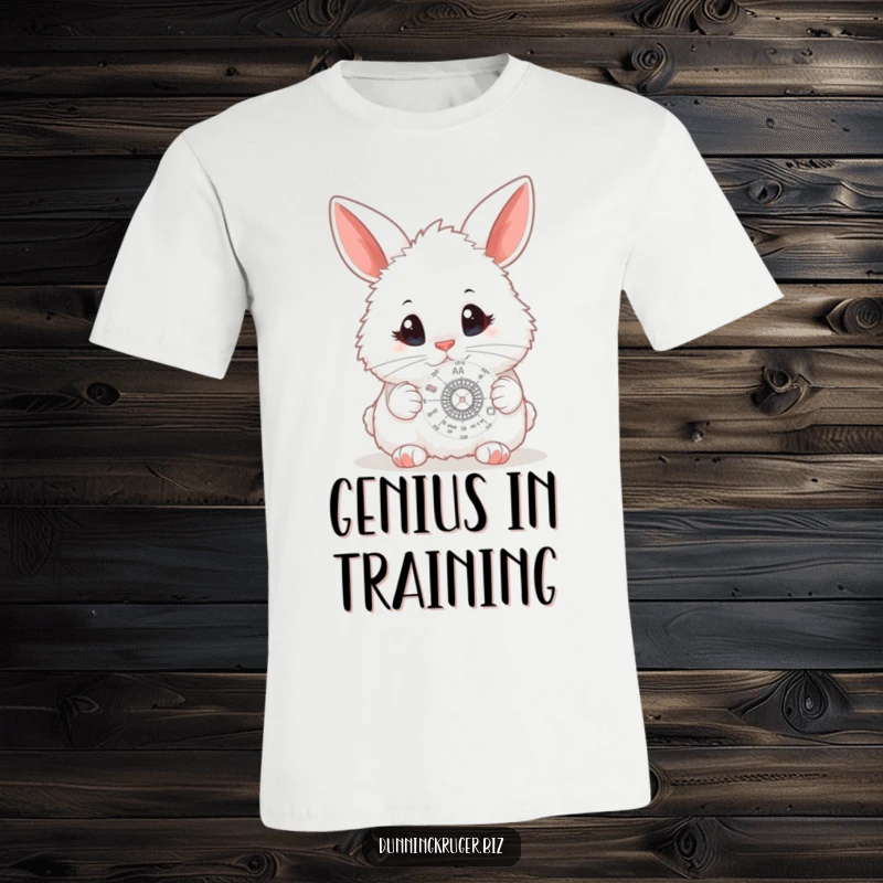 Funny t-shirt with a fluffy white bunny, big curious eyes focused on a tiny, complex scientific diagram, showcasing intellectual pursuit.