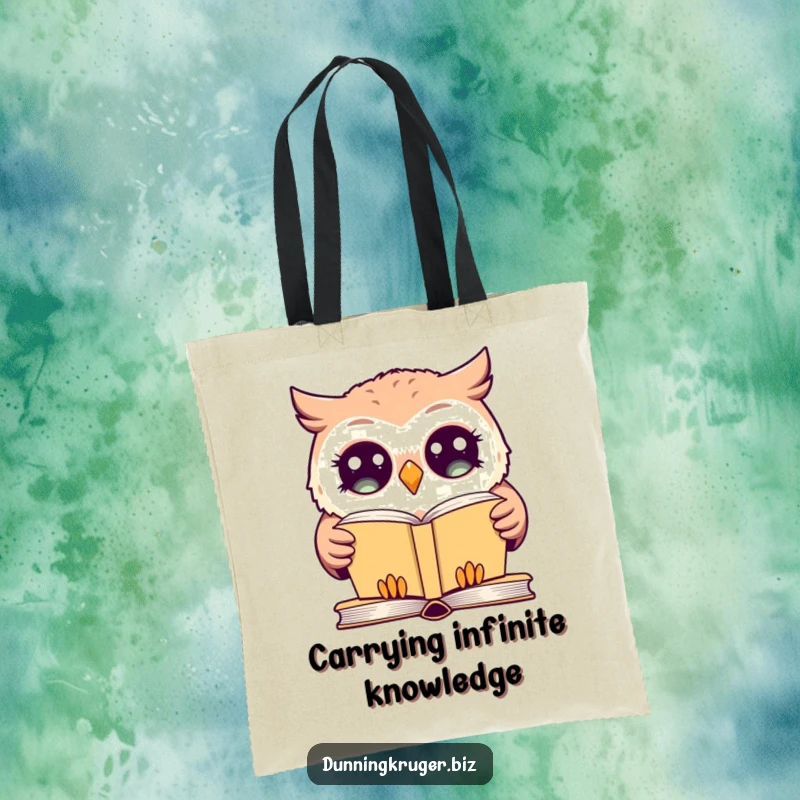 Funny tote bag featuring a giggling owl with wide, curious eyes, blankly staring at a simple book, ideal for carrying literary treasures.