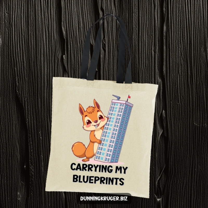 Funny tote bag featuring a cheerful squirrel with a determined look, accidentally building a skyscraper horizontally, a symbol of ambitious construction.